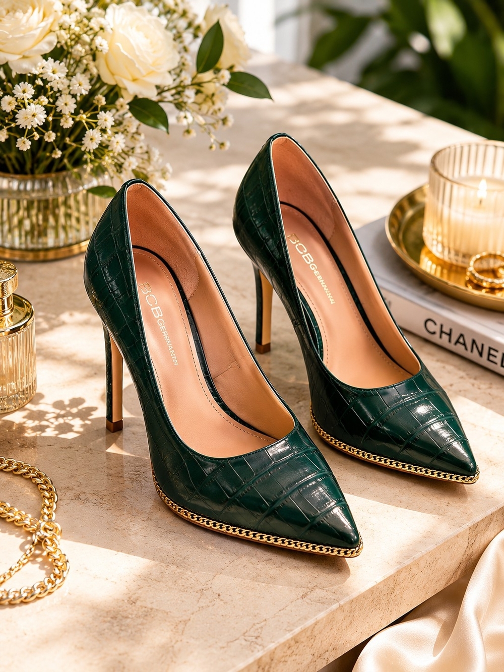 BCBGeneration Emerald Green Croc-Embossed Pointed Stiletto Pumps NWOT - Picture 3 of 4